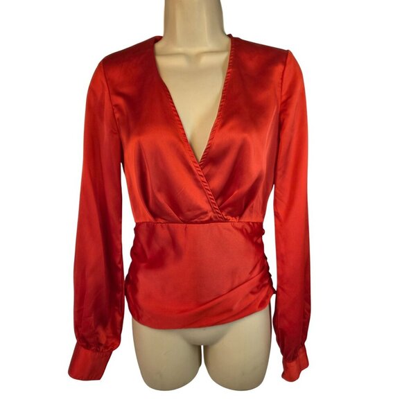 Nasty Gal Red Satin Ruched Wrap Style Blouse Size 2 Long Cuff Slv Plunging VNeck - Picture 1 of 9